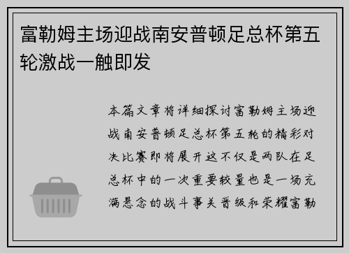 富勒姆主场迎战南安普顿足总杯第五轮激战一触即发